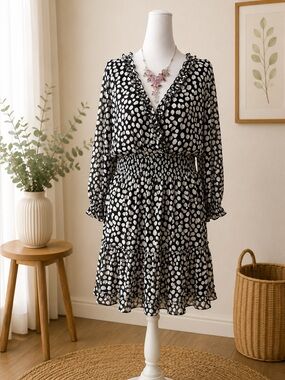 Smocked Waist Tiered Dress XL Black White Long Sleeve Cato